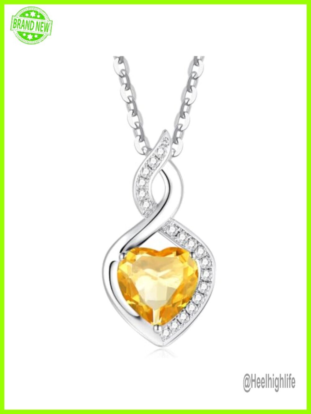 14K Solid White Gold Heart Pendant Necklace with Citrine and Lab-Grown Diamond